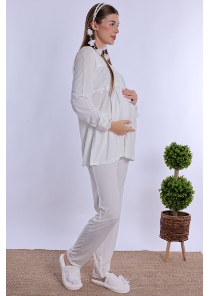 Ekru Hamile Lohusa Pijama Takımı modelleri
