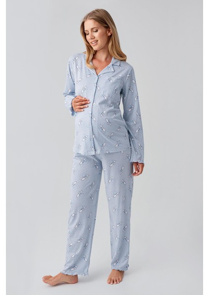 Uzun Kollu Desenli Düğmeli Esnek Pamuklu Hamile Pijama Takım 18200
