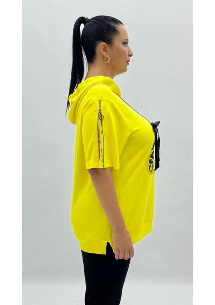 Büyük Beden Fiyonklu Taşlı Fermuarlı Kol Detaylı Oversize Kısa Kol Kadın Bluz indirimleri