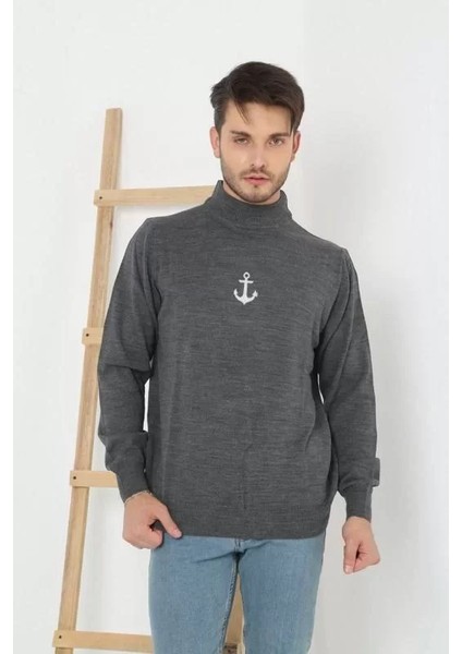 Unisex Yarım Boğazlı Baskılı Dokuma Triko - Füme