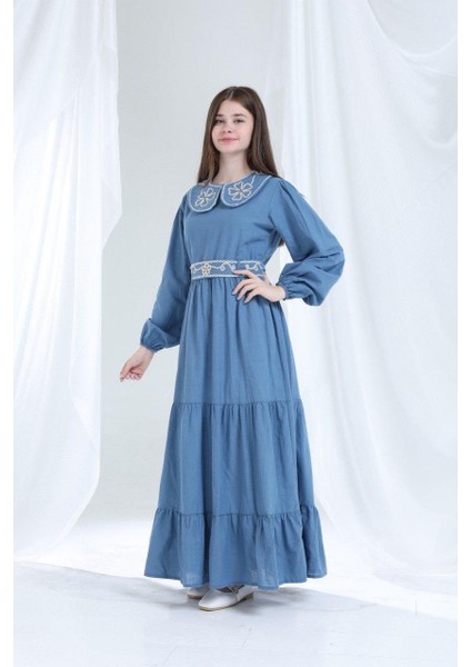 Teknik Nakışlı Pamuk Dokuma Elbise Mavi