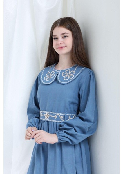 Teknik Nakışlı Pamuk Dokuma Elbise Mavi fiyatları