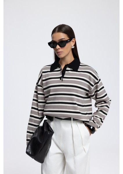 Moss Çizgili Gri Polo Yaka Triko Kazak