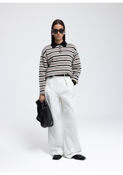 Moss Çizgili Gri Polo Yaka Triko Kazak fiyatları