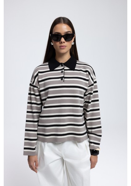 Moss Çizgili Gri Polo Yaka Triko Kazak modelleri