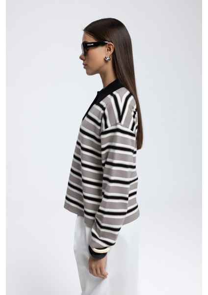 Moss Çizgili Gri Polo Yaka Triko Kazak fırsatları