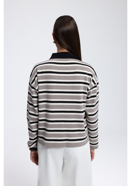 Moss Çizgili Gri Polo Yaka Triko Kazak indirimleri