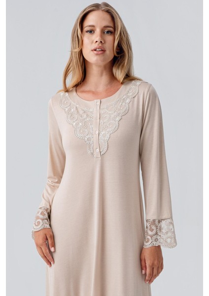 Uzun Kollu Dantelli Düğmeli Esnek Viskoz Gecelik modelleri