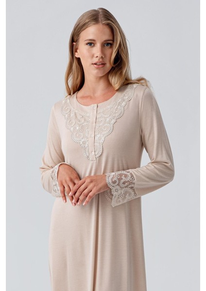 Uzun Kollu Dantelli Düğmeli Esnek Viskoz Gecelik fırsatları