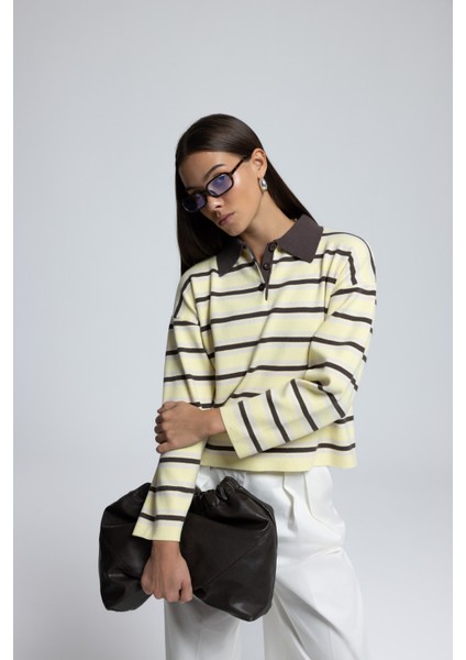 Moss Çizgili Sarı Polo Yaka Triko Kazak