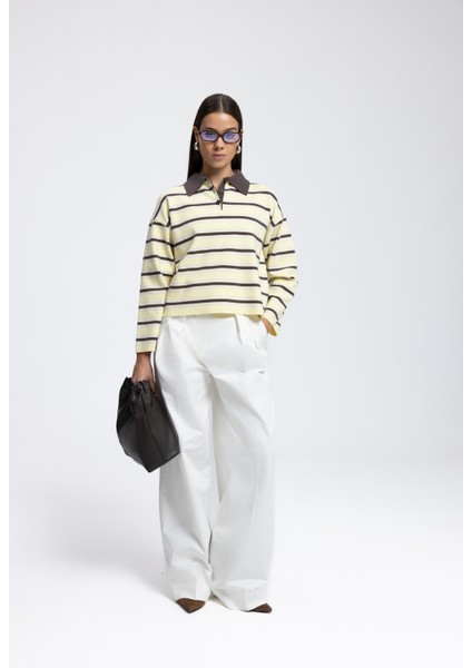 Moss Çizgili Sarı Polo Yaka Triko Kazak fiyatları