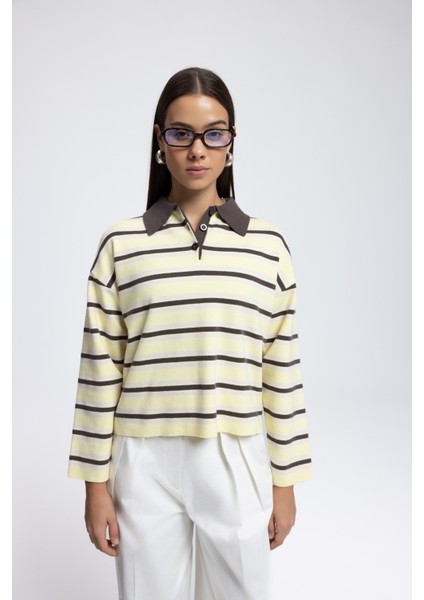 Moss Çizgili Sarı Polo Yaka Triko Kazak modelleri