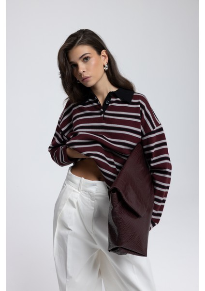 Moss Çizgili Bordo Polo Yaka Triko Kazak