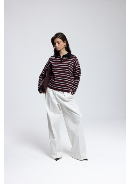 Moss Çizgili Bordo Polo Yaka Triko Kazak fiyatları