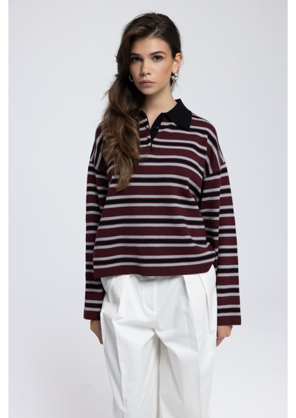 Moss Çizgili Bordo Polo Yaka Triko Kazak modelleri