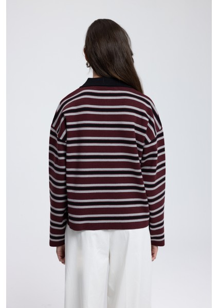 Moss Çizgili Bordo Polo Yaka Triko Kazak indirimleri