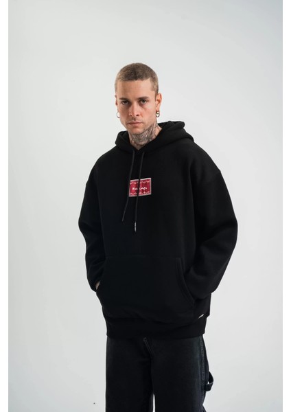 Double Oversize Kapşonlu Dijital Patchli Sweatshirt - Siyah