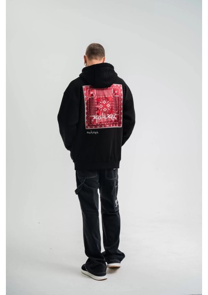 Double Oversize Kapşonlu Dijital Patchli Sweatshirt - Siyah fırsatları