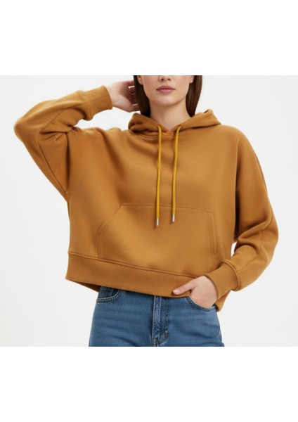 Kadın Oversize Üç Iplik Şardonlu Yarasa Kol Kapüşonlu Crop Sweatshirt
