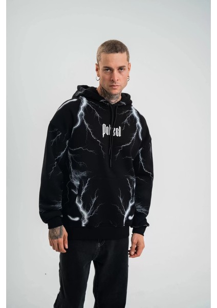 Double Oversize Kapşonlu Şimşek Pano Baskılı Sweatshirt - Siyah