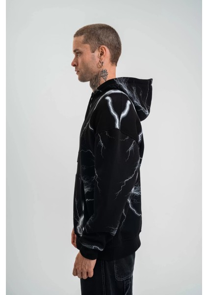 Double Oversize Kapşonlu Şimşek Pano Baskılı Sweatshirt - Siyah indirimleri