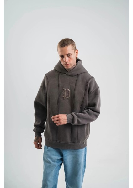 Unisex Uzun Kol Kapşonlu Yıkamalı Nakışlı Sweatshirt - Füme fırsatları