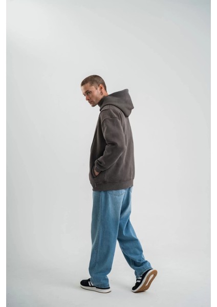 Unisex Uzun Kol Kapşonlu Yıkamalı Nakışlı Sweatshirt - Füme indirimleri