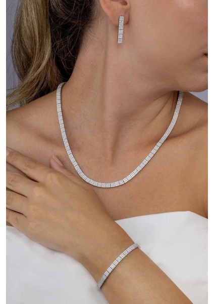 Beyaz Altın Kaplama 3 Sıra Su Yolu 925 Ayar Gümüş Düğün Seti