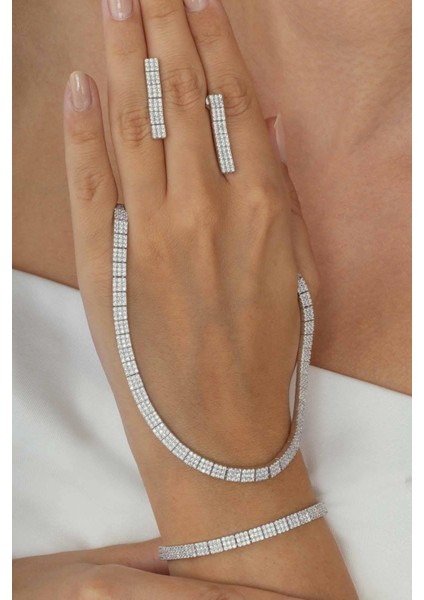 Beyaz Altın Kaplama 3 Sıra Su Yolu 925 Ayar Gümüş Düğün Seti fiyatları