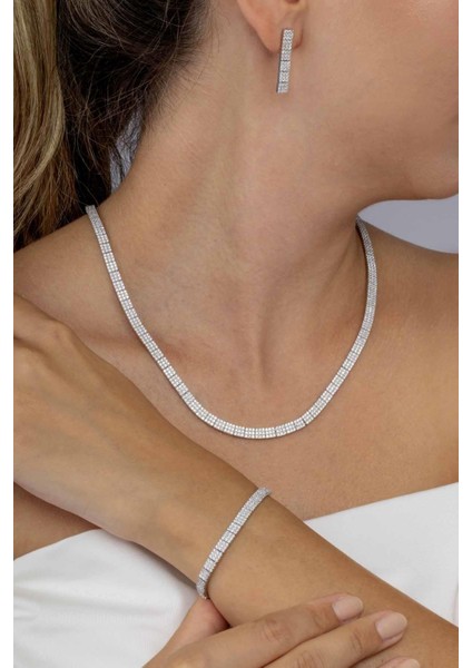 Beyaz Altın Kaplama 3 Sıra Su Yolu 925 Ayar Gümüş Düğün Seti modelleri