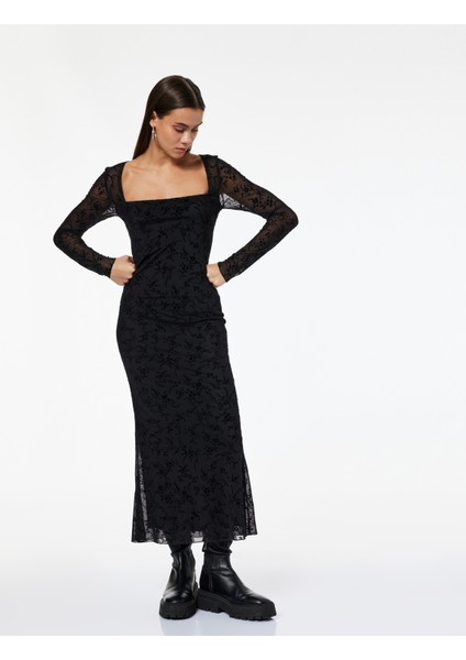 Kare Yaka Uzun Kollu Sırt Detaylı A Kesim Midi Dantel Elbise