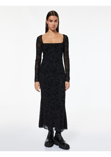 Kare Yaka Uzun Kollu Sırt Detaylı A Kesim Midi Dantel Elbise modelleri