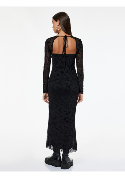 Kare Yaka Uzun Kollu Sırt Detaylı A Kesim Midi Dantel Elbise fırsatları