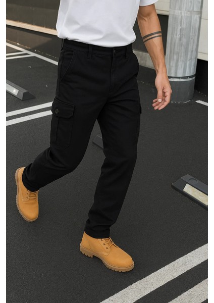 Erkek Trend Günlük Bol Paça Siyah Taktik Kargo Pantolon