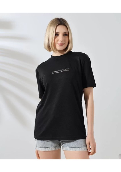 Unisex Bisiklet Yaka Baskılı Slim Fit T-Shirt - Siyah