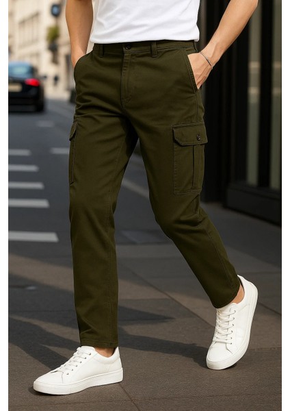 Erkek Günlük Trend Bol Paça Haki Kargo Pantolon