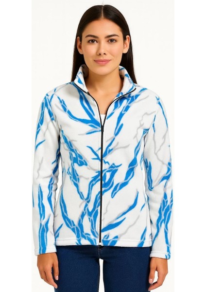 Kadın Tam Fermuarlı Desenli Polar Sweat Lightning Desen Yakalı, Uzun Kollu, Oversize Rahat Kalıp - Beyaz