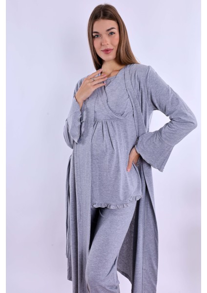 Gri Sabahlıklı Hamile Lohusa Pijama Takımı