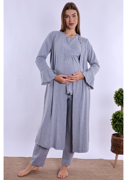 Gri Sabahlıklı Hamile Lohusa Pijama Takımı