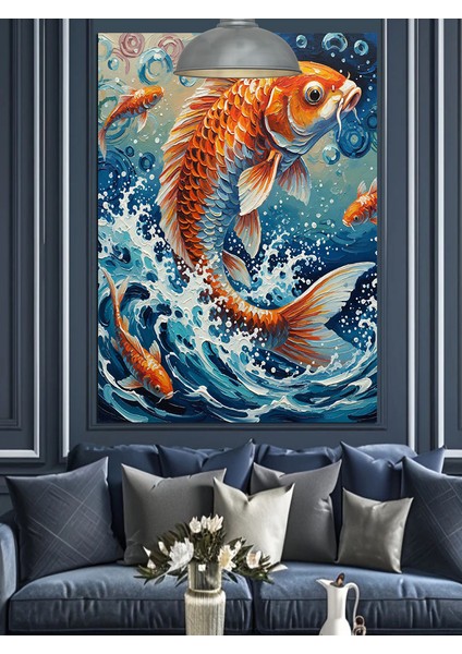 Japon Koi Balığı Su Sıçraması Sanatı Dekoratif Kanvas - Mdf Ahşap Tablo