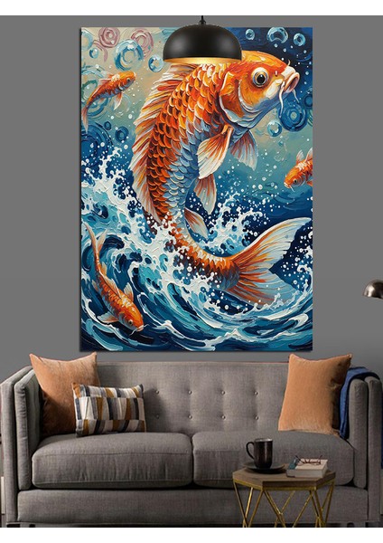 Japon Koi Balığı Su Sıçraması Sanatı Dekoratif Kanvas - Mdf Ahşap Tablo fiyatları