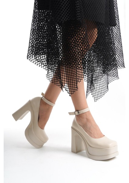 Kadın Della Bilekten Bağlamalı (12CM) Platform Topuklu Ayakkabı Krem