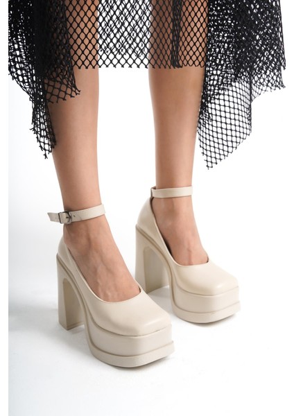 Kadın Della Bilekten Bağlamalı (12CM) Platform Topuklu Ayakkabı Krem indirimleri