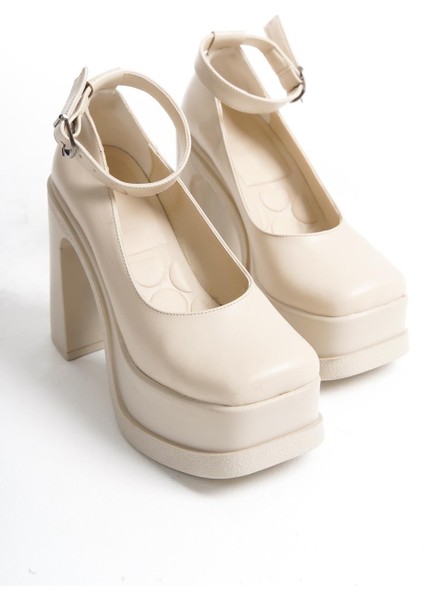 Kadın Della Bilekten Bağlamalı (12CM) Platform Topuklu Ayakkabı Krem