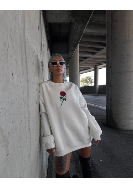 Oversize Üç Iplik Bisiklet Yaka Baskılı Sweatshirt - Beyaz fırsatları