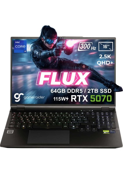 FLUX GR16 Intel Core i9-14900HX 64GB DDR5 2TB SSD RTX 5070 8GB 115W 16 inç 2.5K QHD+ 300Hz FreeDos Gaming Laptop