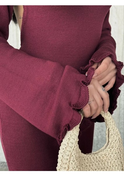 Acık Sırt Detaylı Maxi Uzun Boy Elbise- Bordo