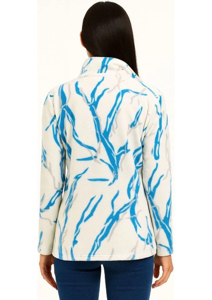 Kadın Tam Fermuarlı Desenli Polar Sweat Lightning Desen Yakalı, Uzun Kollu, Oversize Rahat Kalıp - Beyaz modelleri