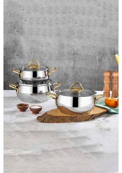 Pro Line 18/10 Paslanmaz Çelik Tencere Seti 6 Parça Gold