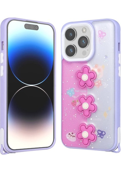 Apple iPhone 14 Pro Max Kılıf Parlayan Sıvılı Simli Kabartma Figürlü Mrsa Cevze Kapak-Mor Papatya